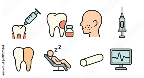 Outline with Fill vector icons of dental anesthesia: local injection, topical gel, numbing icon, syringe with carpule, anesthesia zone map, patient rest icon, cotton roll, reaction monitor.
