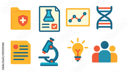 Flat vector icons of medical research: research file, lab results, data graph, DNA strand, study paper, microscope icon, innovation bulb, research group.