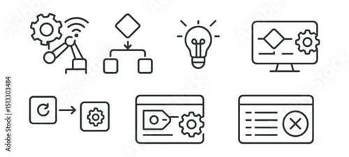 Line style icons of project management: automation icon, rule-based task flow, smart process badge, trigger-action chain layout, workflow logic screen, auto-tagging engine, repetitive task