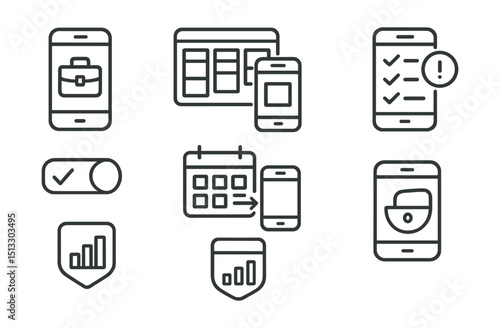 Line style icons of project management: mobile workspace icon, responsive board layout, on-the-go project screen, push task update toggle, calendar sync to mobile, project alerts on phone, pocket