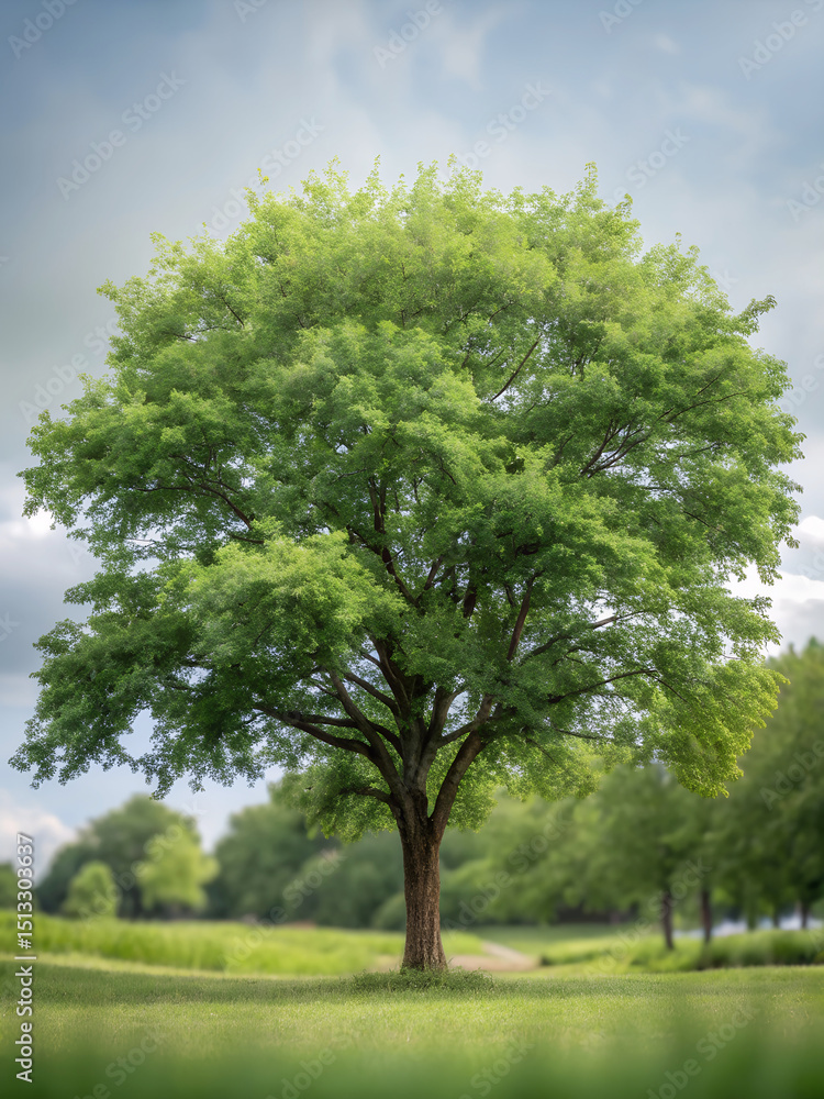 Obraz premium Lone tree in a vibrant green summer park landscape with blue sky and clouds