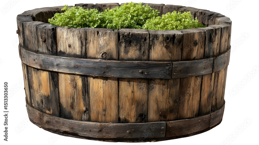 Refurbished wine barrel turned into a planter, isolated on Transparent background Refurbished wine barrel turned into a planter, isolated on Transparent background