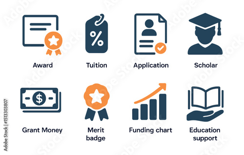 Two-Color vector icons of scholarship: award certificate, tuition discount, application form, grant money. Scholar icon, merit badge, funding chart, education support.