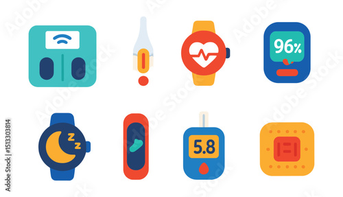 Flat vector icons of smart health devices: smart scale, digital thermometer, heart rate watch, oxygen monitor, sleep tracker, fitness band, glucose meter, wearable patch.