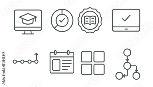 Line style icons of education and learning platforms: online course icon, module progress tracker, lesson overview badge, chapter completion screen, study timeline layout, lecture schedule panel,