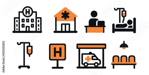 Two-Color vector icons of hospital: hospital building, emergency entrance, reception desk, hospital room. IV stand, hospital sign, ambulance bay, waiting area.