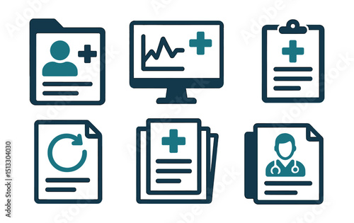 Two-Color vector icons of medical record: patient file, digital chart, health history, clipboard icon. Update log, secure folder, report stack, doctor notes.