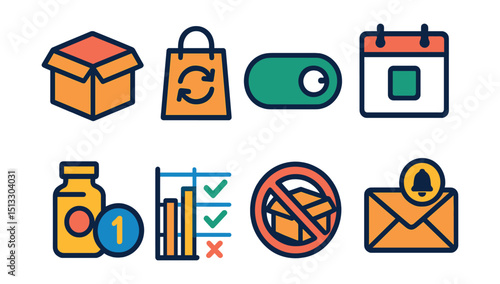 Flat vector icons of subscriptions: subscription box, recurring order icon, auto-renewal toggle, subscription calendar, monthly product, plan comparison, cancel subscription, email reminder.