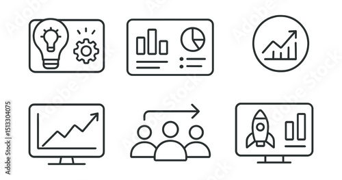 Line style icons of business innovation: creative dashboard icon, business metrics overview panel, smart chart widget badge, real-time performance graph, team alignment tracker, startup progress