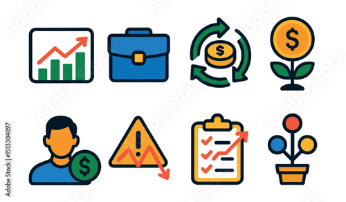 Flat vector icons of investment: stock chart, portfolio folder, money arrows, growth coin, investor icon, financial risk, investment plan, diversification.
