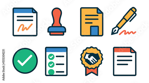 Flat vector icons of business contracts: signed document, legal stamp, contract file, signature pen, approval icon, contract checklist, agreement seal, terms paper.