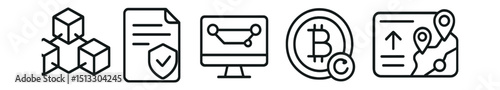 Line style icons of business innovation: blockchain feature icon, smart contract layout, distributed ledger screen, crypto integration badge, transaction record panel, decentralized ID tag, block