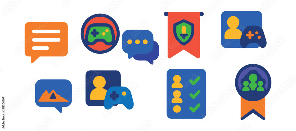 custom made wallpaper toronto digitalFlat vector icons of gaming communities: forum icon, game club, chat bubbles, gamer profile, guild banner, friends list, clan logo, community badge.