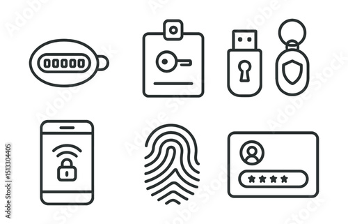 Line style icons of cybersecurity and privacy: security token icon, hardware key badge, USB dongle panel, physical authenticator tag, NFC token screen, biometric stick symbol, login with token layout