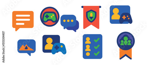 Flat vector icons of gaming communities: forum icon, game club, chat bubbles, gamer profile, guild banner, friends list, clan logo, community badge.