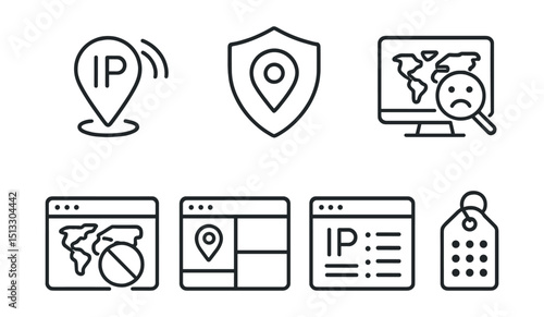 Line style icons of cybersecurity and privacy: IP tracking icon, geolocation flag badge, suspicious login map, blocked country screen, access by region layout, IP blacklist panel, login pattern tag.