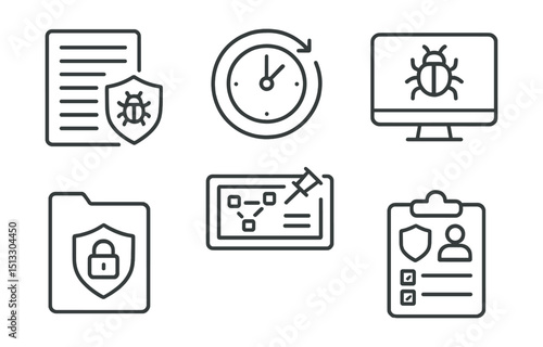 Line style icons of cybersecurity and privacy: cyber incident report icon, response timeline badge, post-breach log screen, case file panel, evidence tracker layout, security audit card, follow-up