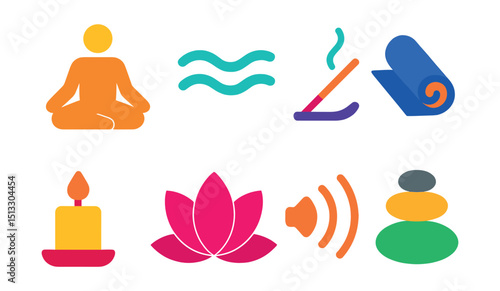 Flat vector icons of meditation and yoga: sitting pose, breathing wave, incense stick, yoga mat, candle, lotus icon, peaceful sound, zen rock stack.