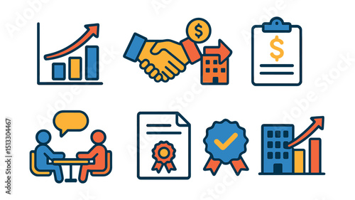 Flat vector icons of acquisition process: buyout chart, takeover handshake, asset transfer, company valuation, negotiation meeting, signed deal, acquisition badge, company growth icon.