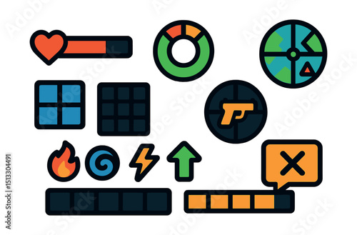 Flat vector icons of game HUD elements: health bar, stamina wheel, radar minimap, inventory panel, weapon wheel, skill icons, hotbar, action prompt.