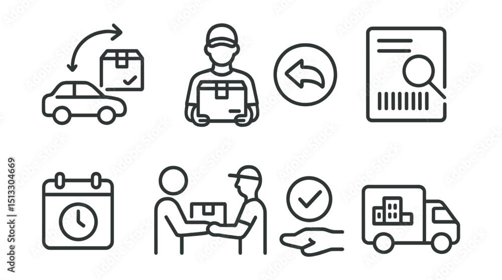 Line style icons of service logistics: pickup for return icon, courier collecting package, reverse delivery badge, rescan item label, pickup time slot, handoff to courier symbol, confirmation of Line style icons of service logistics: pickup for return icon, courier collecting package, reverse delivery badge, rescan item label, pickup time slot, handoff to courier symbol, confirmation of