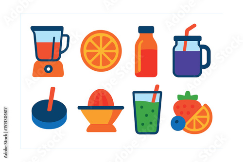 Flat vector icons of smoothies and juices: blender cup, fruit slice, juice bottle, smoothie jar, straw lid, citrus juicer, green smoothie, fruit mix icon.