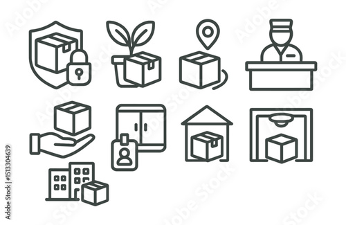 Line style icons of last mile delivery: secure location icon, behind plant tag, concierge desk delivery, reception handoff badge, package room symbol, designated safe spot, building delivery zone,