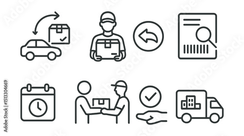 Line style icons of service logistics: pickup for return icon, courier collecting package, reverse delivery badge, rescan item label, pickup time slot, handoff to courier symbol, confirmation of