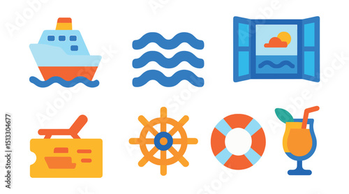 Flat vector icons of cruise travel: cruise ship, sea waves, deck chair, ocean view, port ticket, ship wheel, lifebuoy, tropical drink.