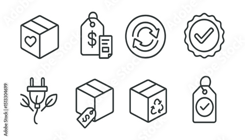 Line style icons of service logistics: refurbished item icon, resale with note, reconditioned label, certified used badge, second-life product symbol, post-service sale, renewed package icon,