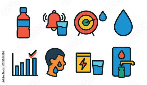 Flat vector icons of hydration and water intake: water bottle, drink reminder, hydration goal, water drop icon, daily intake chart, sweat loss icon, electrolyte mix, refill station.