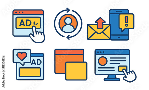 Flat vector icons of digital advertising: PPC ad, retargeting icon, email campaign, push notification, social ad, banner icon, sponsored content, analytics click.