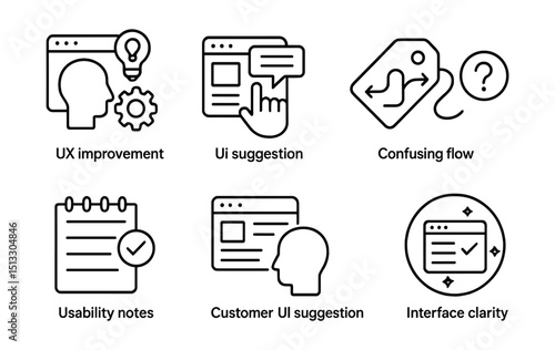 Line style icons of customer interaction: UX improvement icon, interface suggestion symbol, confusing flow tag, page feedback icon, usability note field, report confusing layout, customer UI