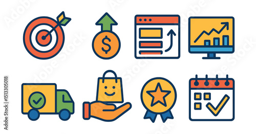 Flat vector icons of ecommerce goals: sales target, ROI goal, product listing growth, conversion goal, delivery success, customer retention, top-rated status, monthly milestone.