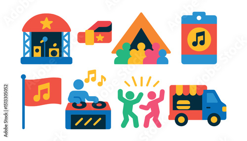 Flat vector icons of music festivals: outdoor stage, festival wristband, tent crowd, weekend pass, music flag, DJ booth, dance zone, food truck lane.
