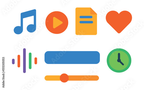Flat vector icons of song elements: song note, play icon, lyrics sheet, favorite song heart, music waveform, song title box, audio length bar, playback time.