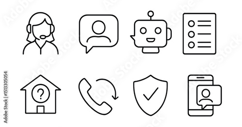 Line style icons of delivery app UI: customer support tab, chat with courier button, chatbot window icon, FAQ list, help center access, request callback screen, support status icon, contact courier