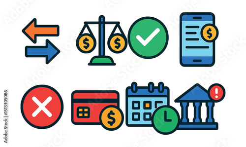 Flat vector icons of financial transactions: transfer arrows, balance check, confirmation icon, transaction history, failed payment, payment icon, scheduled payment, bank notification.