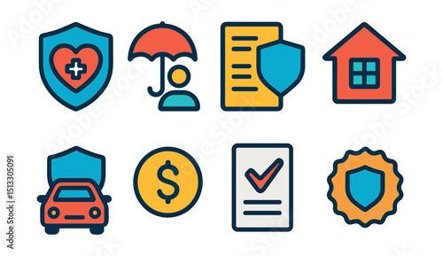 Flat vector icons of insurance products: health insurance, life coverage, policy document, home insurance, car insurance icon, premium icon, claim form, insurance badge.