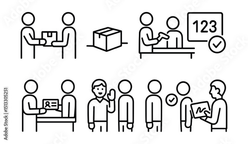 Line style icons of in-store pickup: staff handoff icon, package on counter, staff scanning item, match order number symbol, check ID for pickup, friendly staff greeting, pickup complete icon,