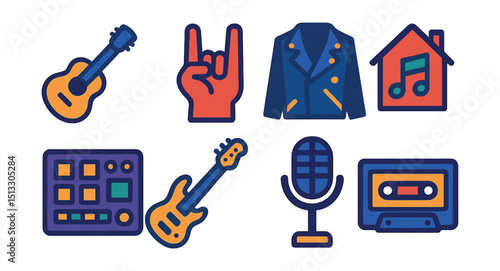 Flat vector icons of music genres 2: blues guitar, metal horns, punk jacket, house beats, trap icon, funk bass, soul mic, indie cassette.