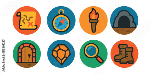 Flat vector icons of adventure games (in circles): map scroll, compass, torch icon, cave entrance, hidden door, collectible item, clue icon, travel boots.