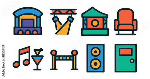 Flat vector icons of live music venues: stadium stage, club lights, outdoor fest stage, theater seat, jazz bar, crowd barrier, sound tower, greenroom door.
