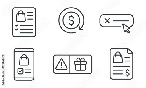 Line style icons of personal finance: subscription management icon, monthly service list, recurring cost badge, cancel subscription button, active plan screen, free trial alert, renew or skip icon,