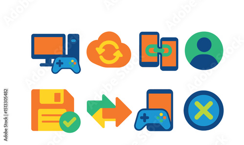 Flat vector icons of cross-platform gaming: PC and console icon, sync cloud, mobile link, universal profile, cross-save icon, platform switch, gamepad and phone, crossplay badge.