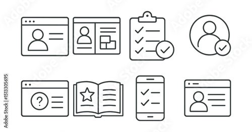 Line style icons of employee onboarding: digital onboarding portal, HR dashboard screen, task tracker icon, onboarding completion status, onboarding quiz icon, internal wiki access, app checklist