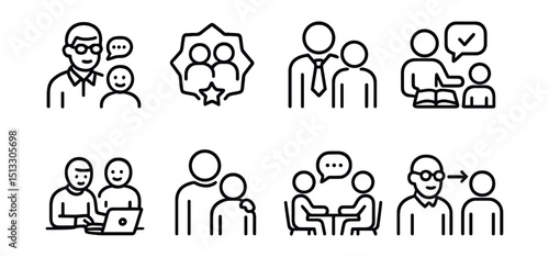 Line style icons of employee onboarding: mentor icon, buddy system badge, senior with junior symbol, guidance session icon, skill-sharing moment, mentor support line, 1-on-1 meeting icon, experience