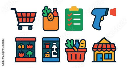 Flat vector icons of grocery shopping: shopping cart, grocery bag, shopping list, barcode scanner, produce aisle, dairy shelf, basket of goods, supermarket icon.