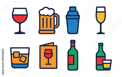 Flat vector icons of alcoholic beverages: wine glass, beer mug, cocktail shaker, champagne flute, whiskey glass, drink menu, wine bottle, shot glass.