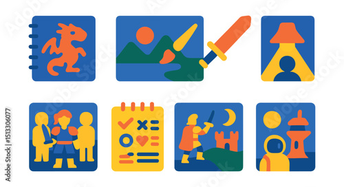 Flat vector icons of concept art: creature sketch, environment painting, weapon design, mood lighting, character turnaround, visual notes, fantasy scene, sci-fi concept.